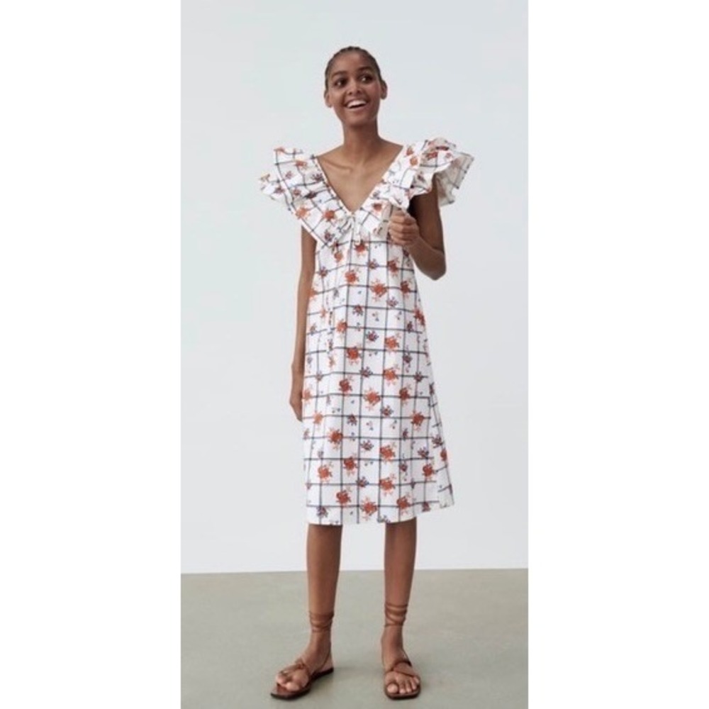 NWT!! ZARA Floral Plaid Lattice Ruffle Sleeve Dress Shift Blogger Favorite Large